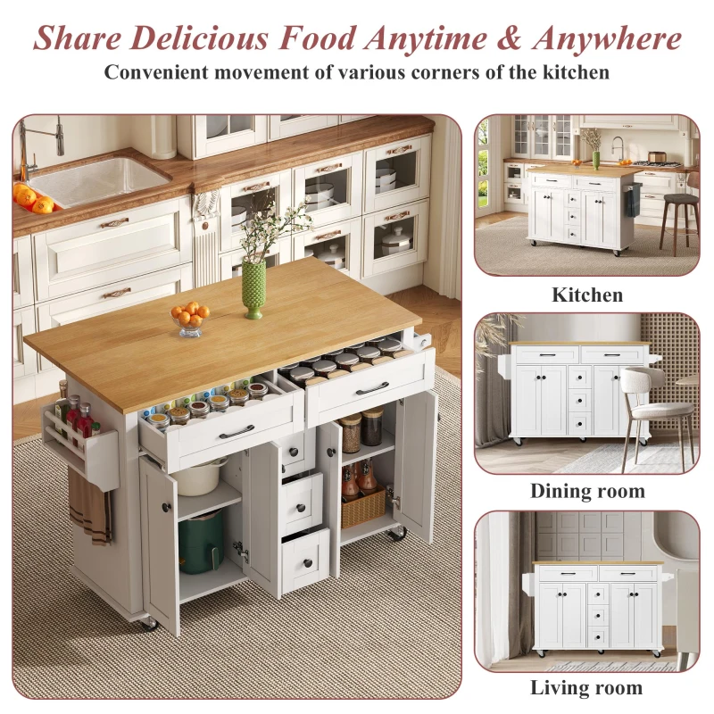 Versatile Kitchen Trolley with Extendable Worktop and 5 Drawers, Sturdy Buffet with Lockable Castors, 140L x 65W x 89H cm, White+Natural
