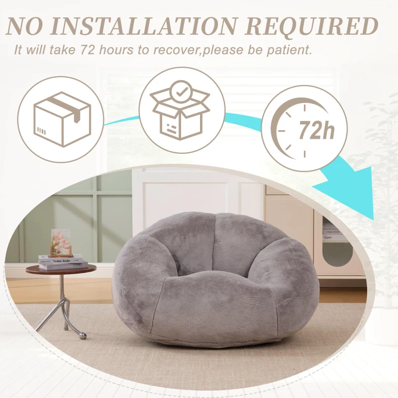 Shell-Shaped Sofa with High-Rebound Foam and Ergonomic Lumbar Support, Giant Sofa with Faux Fur, 100L x 90W x 57H cm, Light Gray