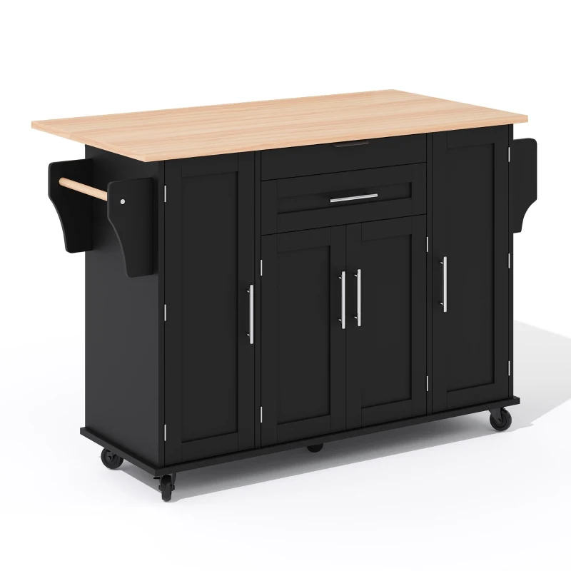 Versatile Kitchen Trolley with Fold-Out Worktop, Spacious Storage Island with Double-Door Cabinets, 136L x 70W x 92H cm, Black+Natural