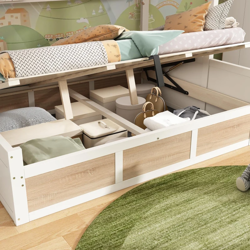 Cabin-Style Bunk Bed with Staircase Storage Cube & Hanging Baskets, Hydraulic-Lift Bed for Children, 244L x 140W x 155H cm, Natural+White