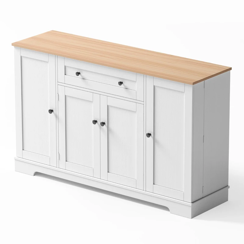 Multifunctional Kitchen Sideboard with Double-Door Compartment, Spacious Cabinet with Adjustable Shelves, 138L x 40W x 85H cm, Natural+White