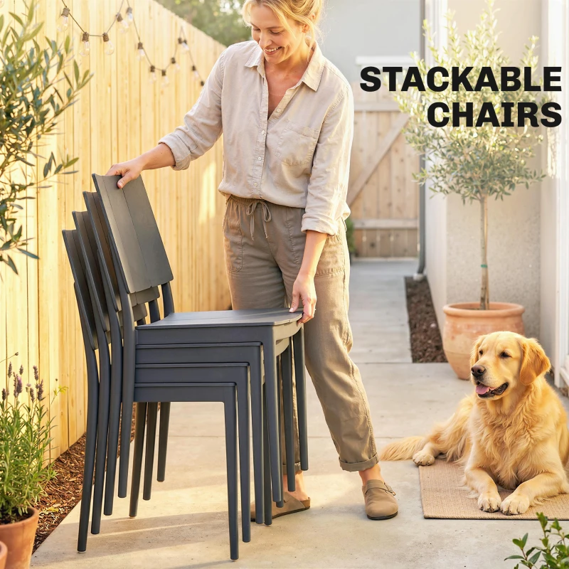 Outsunny Tuinmeubelset zitgroep 5-delig brede tafel met 4 stapelstoelen lamellendesign voor 4 personen donkergrijs