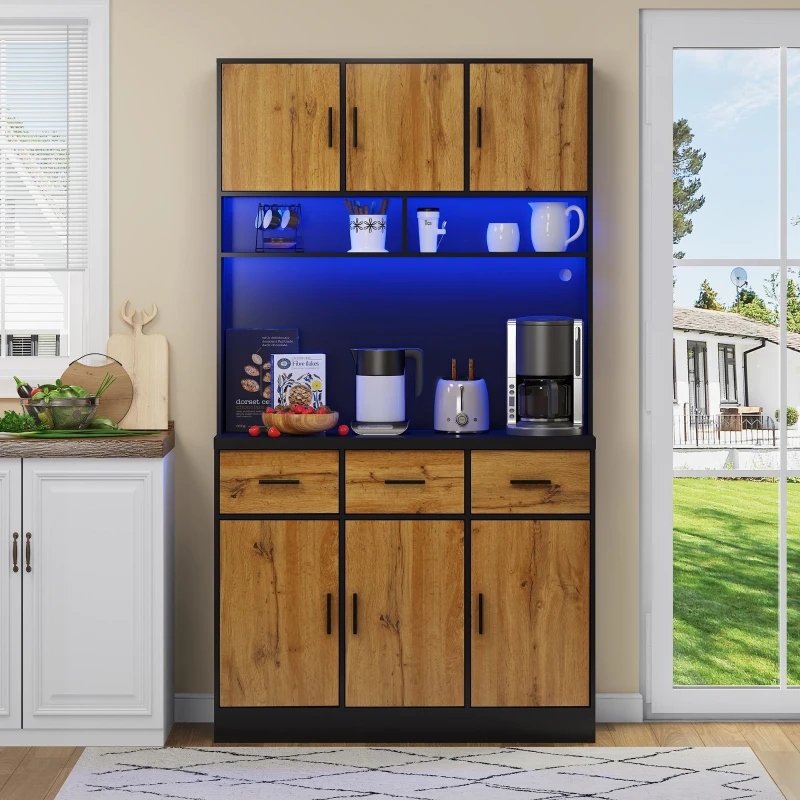 Stylish Tall Pantry Cabinet with App-Controlled LED, Spacious Larder Unit with Water-Resistant Worktop, 100L x 40W x 180H cm, Black+Natural