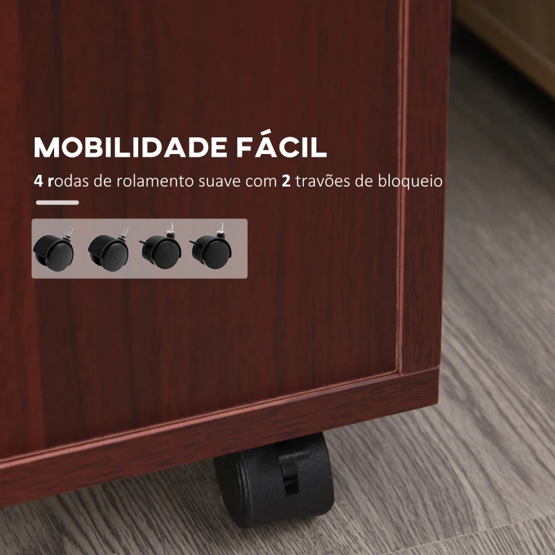 HOMCOM Bloco de Gavetas com Rodas Gaveta Compartimento Porta Arquivador Móvel para Escritório 40x35x60 cm Castanho Escuro