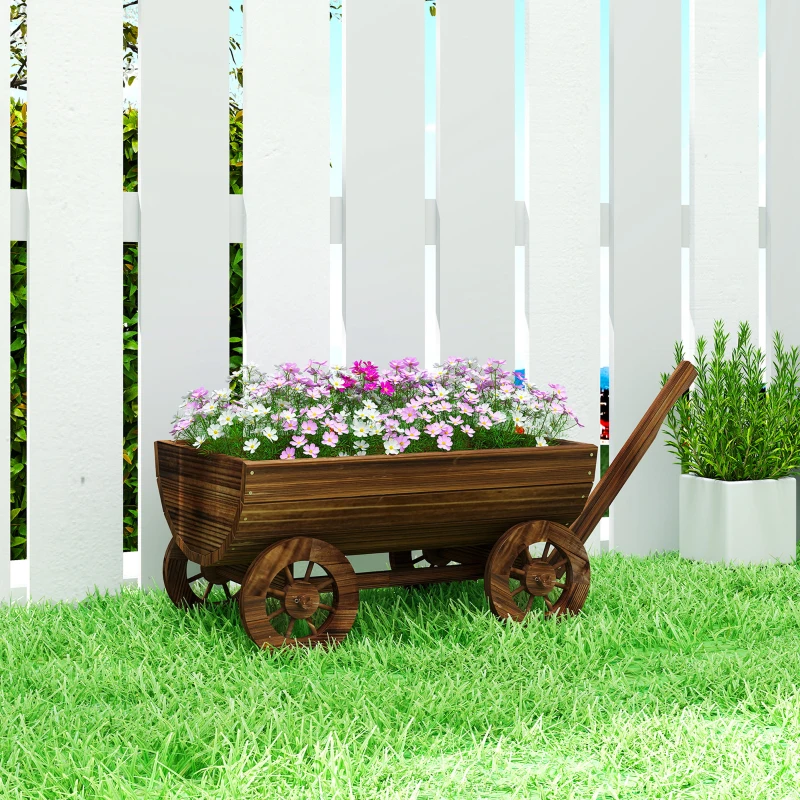 Outsunny Cărucior din lemn cu 4 roți și mâner Jardinieră exterioară cu orificiu de drenaj 115x40x54,5 cm Carbonizat