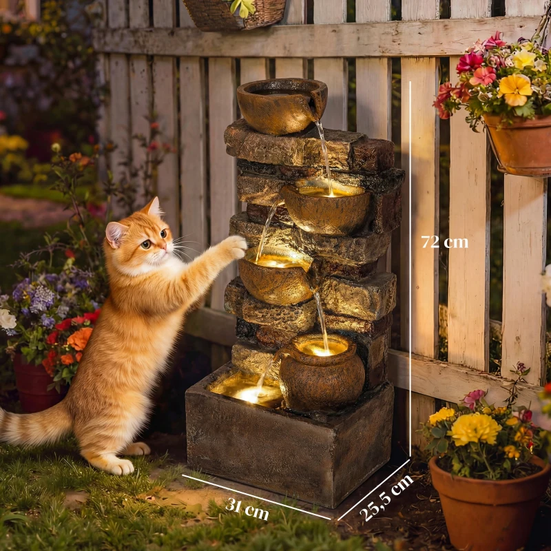 Outsunny Fonte de Jardim com Iluminação LED e Bomba, Fonte Decorativa em Cascata de 5 Níveis, Fluxo Ajustável, Castanho Rústico