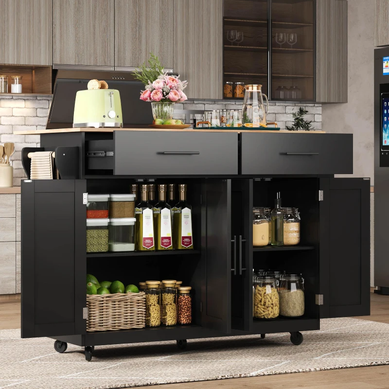 Contemporary Kitchen Storage Trolley with Foldable Dropleaf, Spacious Buffet with Towel Holders, 120L x 71W x 91.5H cm, Black+Natural