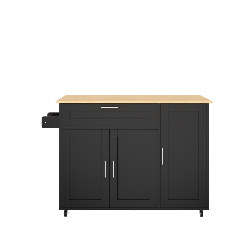Versatile Kitchen Island with Foldable Worktop and Shelves, Multifunctional Cabinet for Dining Areas, 132.5L x 44W x 90H cm, Black+Natural