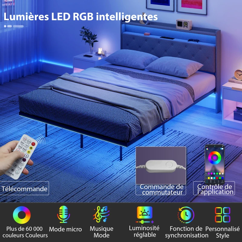 HOMCOM Cadre de lit 140 x 190 cm avec sommier acier, lit 2 personnes flottant avec lumières LED RGB et station de charge, gris