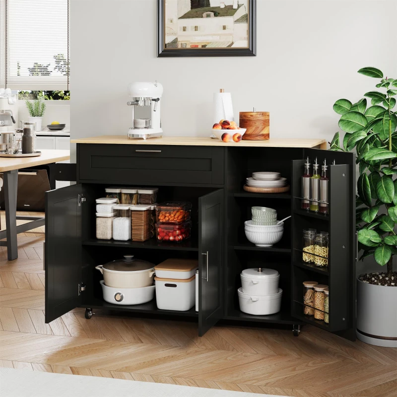 Versatile Kitchen Island with Foldable Worktop and Shelves, Multifunctional Cabinet for Dining Areas, 132.5L x 44W x 90H cm, Black+Natural