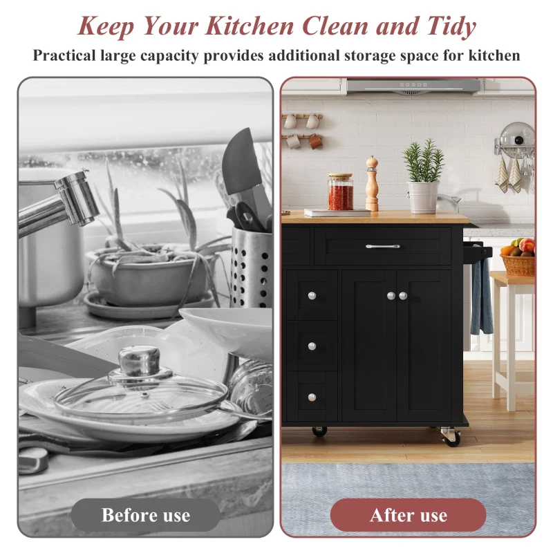 Versatile Kitchen Trolley with Extendable Worktop and 5 Drawers, Sturdy Buffet with Lockable Castors, 140L x 65W x 89H cm, Black+Natural