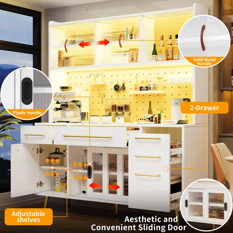 Trendy Sideboard with App-Controlled LED and MDF Pegboard, Tall Storage Cabinet with Sliding Door, 45L x 39W x 171H cm, White