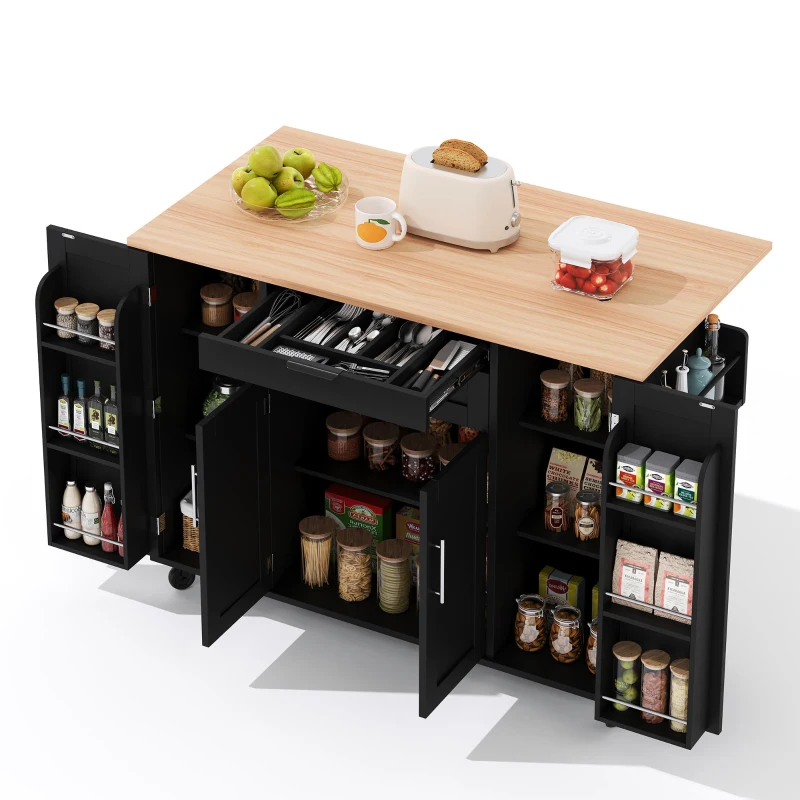 Versatile Kitchen Trolley with Fold-Out Worktop, Spacious Storage Island with Double-Door Cabinets, 136L x 70W x 92H cm, Black+Natural