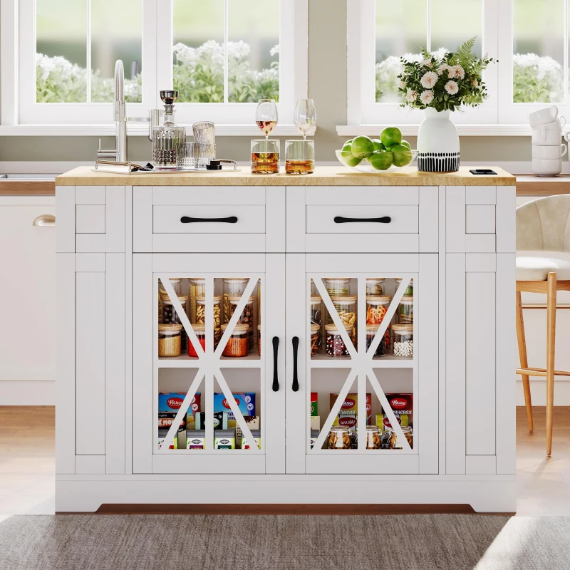 Mobile Kitchen Island with Foldable Tabletop and Sockets, Storage Buffet with Adjustable Shelves, 120L x 65W x 92H cm, White+Natural