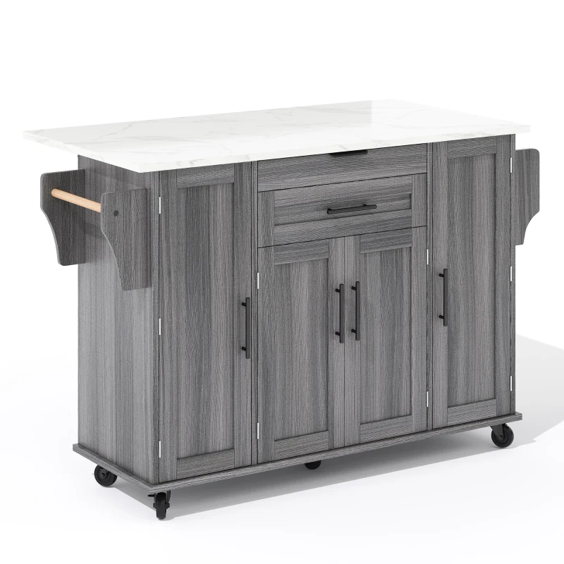 Versatile Kitchen Trolley with Fold-Out Worktop and Lockable Castors, Spacious Kitchen Island with Cabinets, 136L x 70W x 92H cm, Gray
