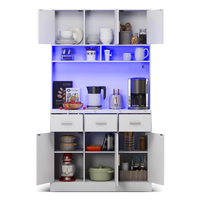 Stylish Tall Pantry Cabinet with App-Controlled LED, Spacious Larder Unit with Water-Resistant Worktop, 100L x 40W x 180H cm, White