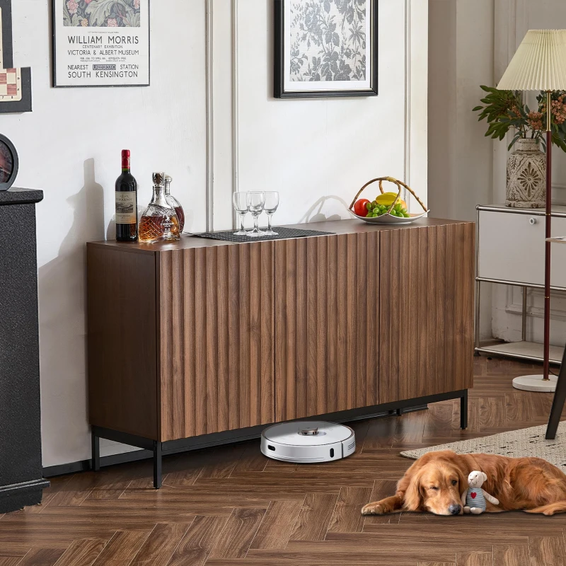 Mid-Century Sideboard with 3D Wave Design and Steel Legs, Versatile Cabinet with 3 Doors, Adjustable Shelves, 150L x 40W x 80H cm, Natural