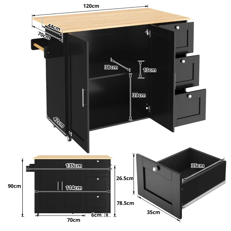 Versatile Kitchen Island with 3 Drawers and 2-Door Cabinet, Space-Saving Rolling Trolley with Foldable Worktop, 135L x 70W x 90H cm, Black