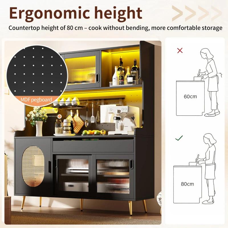 Country-Style Sideboard with Fluted Glass Doors and App-Controlled LED Strip, Storage Buffet with Pegboard Back, 145L x 39W x 171H cm, Black