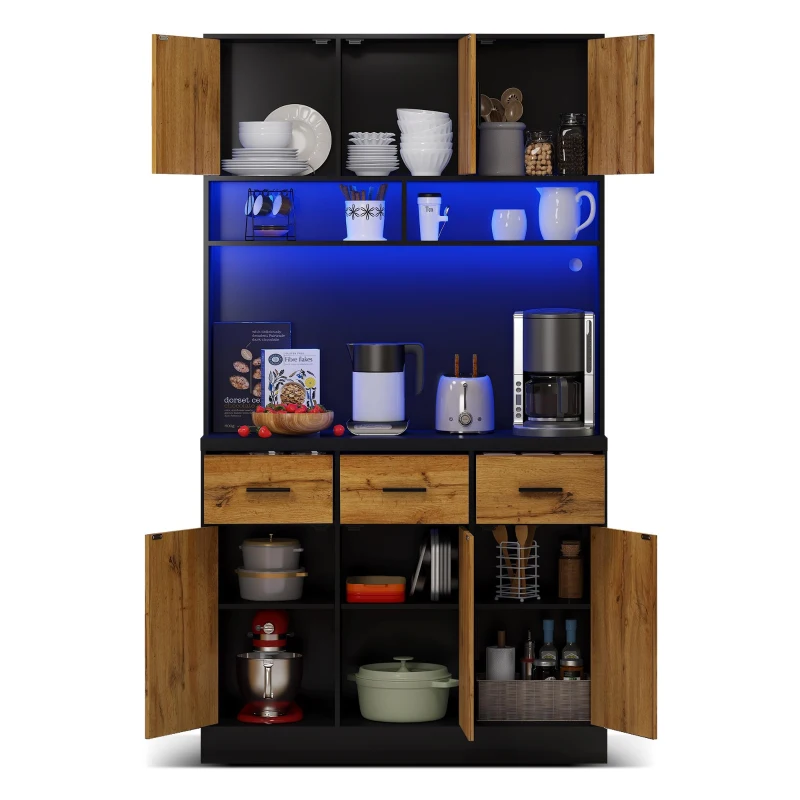 Stylish Tall Pantry Cabinet with App-Controlled LED, Spacious Larder Unit with Water-Resistant Worktop, 100L x 40W x 180H cm, Black+Natural
