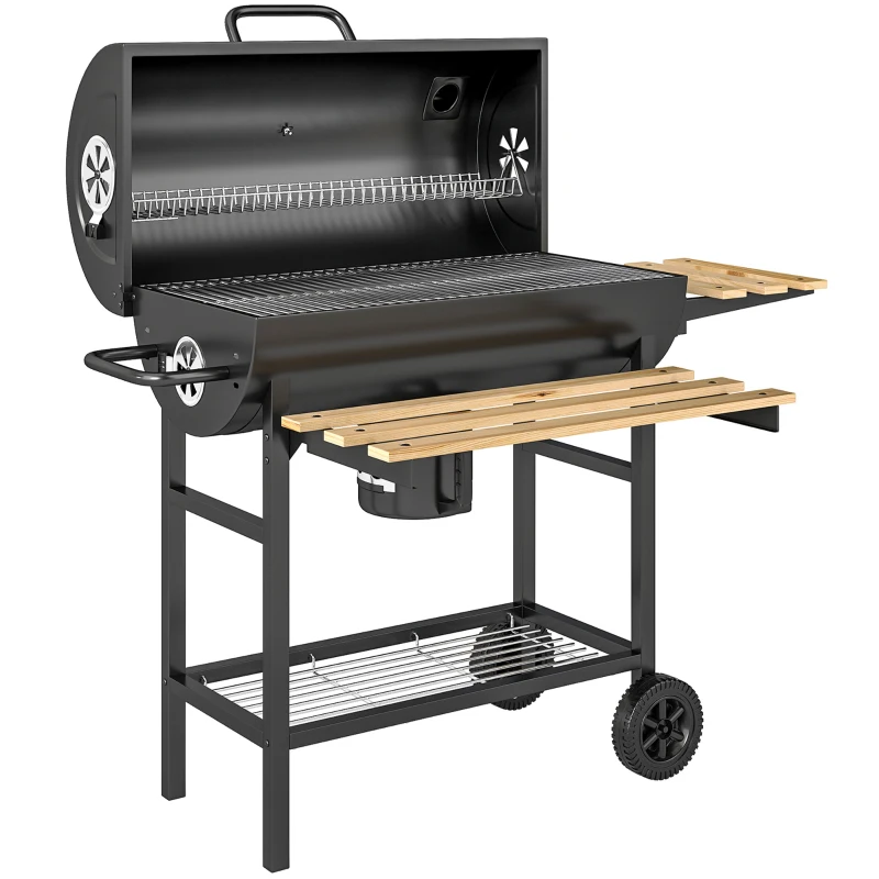 Outsunny Charcoal Grill, Barrel BBQ Smoker with Warming Rack, Charcoal BBQ Grill with Foldable Shelves, Natural Wood and Black