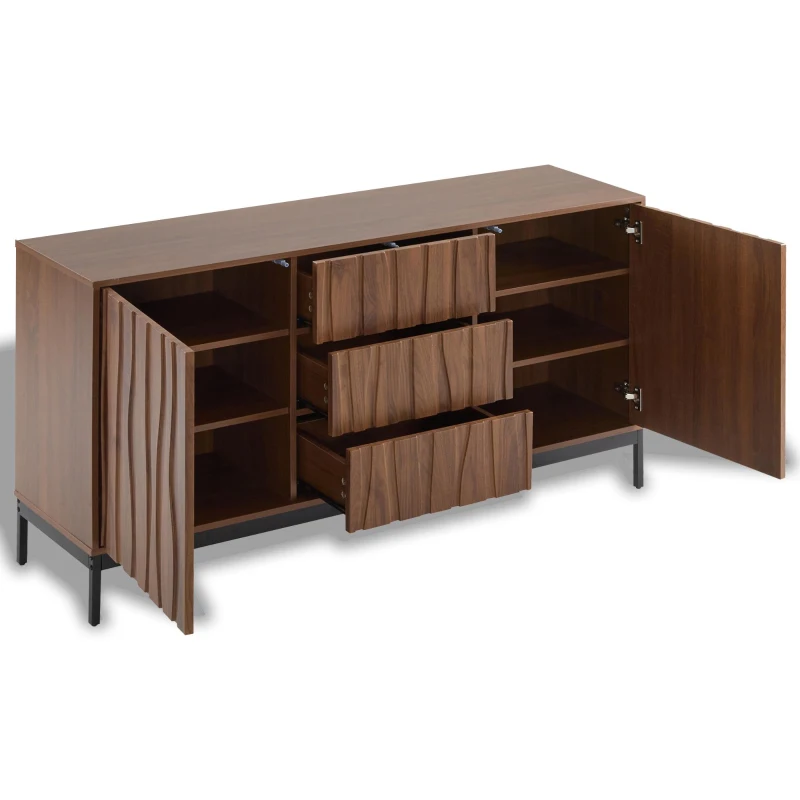 Mid-Century Modern Sideboard with Oak-Grain Slotted Design, Versatile Buffet with Adjustable Shelves, 150L x 40W x 80H cm, Natural