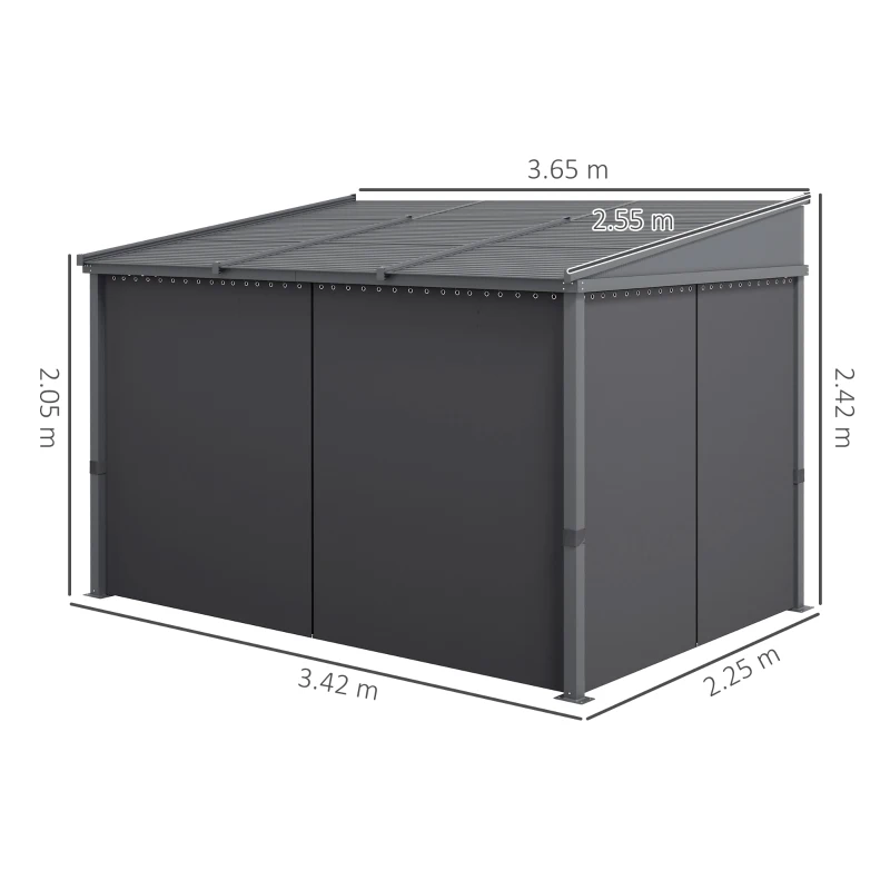 Outsunny Pavilion de grădină, pergolă, cu acoperiș glisant, draperii, cadru din aluminiu, gri închis, 3,65 x 2,55 x 2,05 m