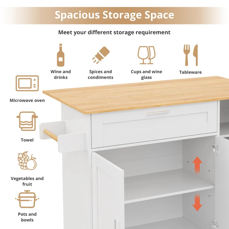 Mobile Kitchen Island with Foldable Oak-Look Worktop, Multi-purpose Trolley with Sliding Drawer, 132.5L x 44W x 90H cm, White+Natural
