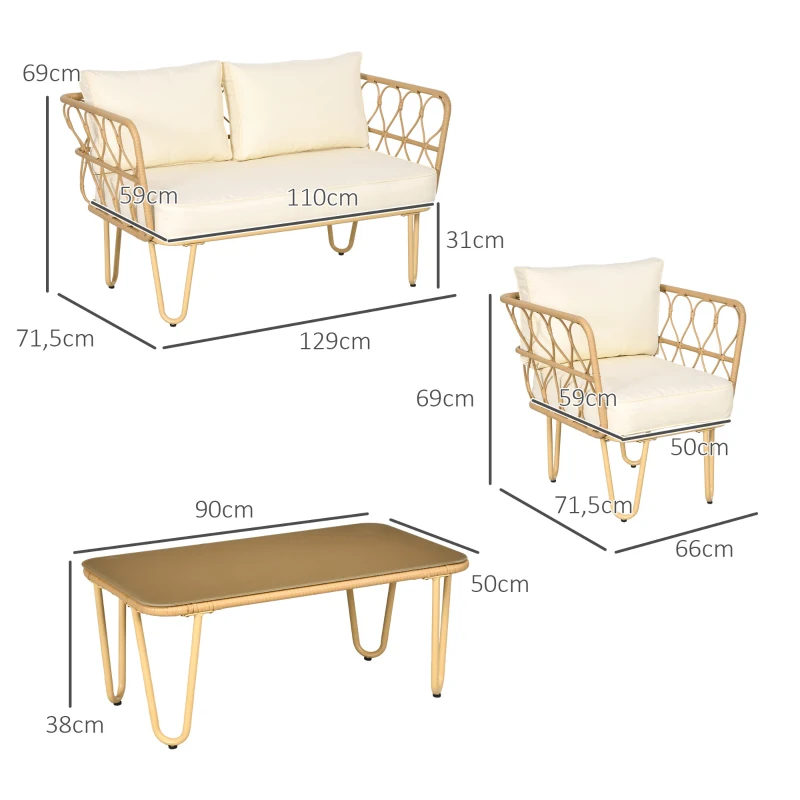 Outsunny Set de grădină canapea 2 locuri + 2 fotolii + 1 masă de cafea cu blat din sticlă securizată 7 perne ecru