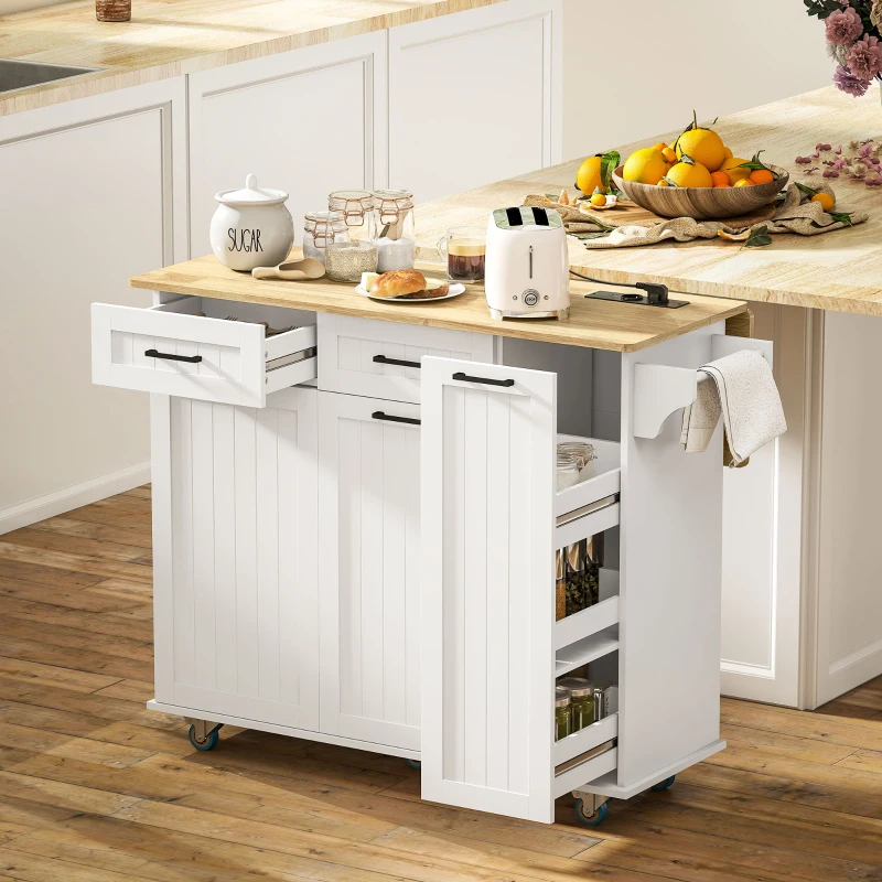 HOMCOM Ilha de Cozinha com Rodas Carrinho de Cozinha com Tomada USB Bancada Rebatível 2 Gavetas 119,5x74x94,5 cm Branco