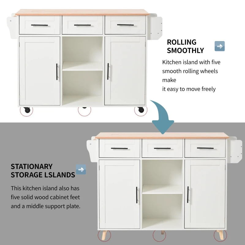 Stylish Kitchen Trolley with Foldable Wood-Grain Countertop, Versatile Buffet with Interchangeable Wheels, 139L x 46W x 91H cm, White