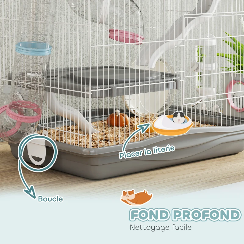PawHut Cage hamster, cage rongeur à 3 niveaux, roue d'exercice, tunnel, gamelle, niche et rampe d'accès, 45 x 30 x 45 cm, gris