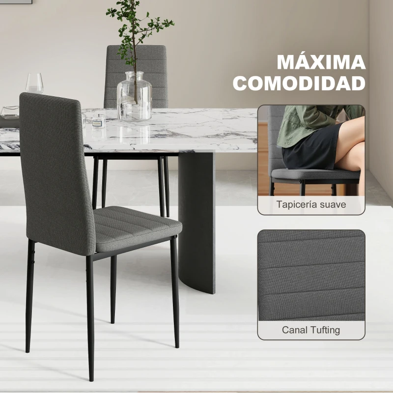 HOMCOM Pack de 6 Sillas de Comedor Modernas Tapizadas en Lino Sintético con Respaldo Alto y Patas de Metal 41x50x97 cm Gris