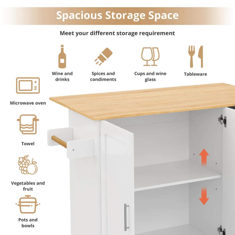 Versatile Kitchen Island with 3 Drawers and 2-Door Cabinet, Space-Saving Rolling Trolley with Foldable Worktop, 135L x 70W x 90H cm, White