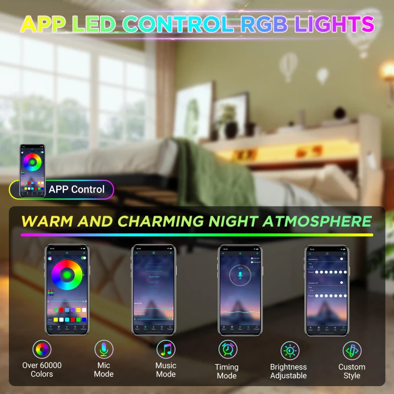 Upholstered Storage Bed with Integrated LED Lighting and USB Ports, Hydraulic Bed with Metal Slatted Frame, 225L x 156W x 111H cm, Beige