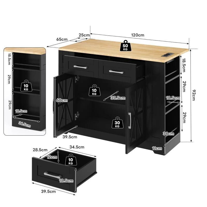 Mobile Kitchen Island with Foldable Tabletop and Sockets, Storage Buffet with Adjustable Shelves, 120L x 65W x 92H cm, Black+Natural
