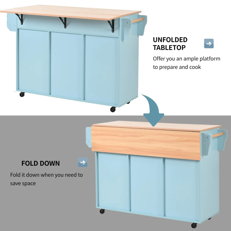 Stylish Kitchen Trolley with Foldable Wood-Grain Countertop, Versatile Buffet with Interchangeable Wheels, 139L x 46W x 91H cm, Blue