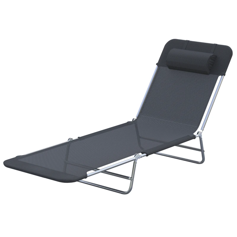 Outsunny Outdoor Foldable Sun Lounger, Garden 6 Level Adjustable Backrest Recliner Sun Lounger Chair with Headrest Pillow, Black