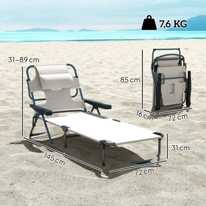Outsunny Șezlong de grădină pliabil, spătar reglabil pe 4 niveluri, orificiu pentru lectură și suport pentru cap 72 x 194 x 89 cm crem