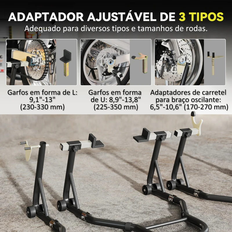 HOMCOM Cavalete de Moto Carga de 390 kg Suporte Dianteiro e Traseiro Universal Elevador de Moto em Aço com Rodas Preto