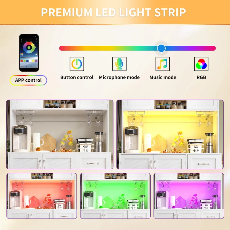 Trendy Sideboard with App-Controlled LED, Snack Rack and Drink Holders, Spacious Buffet with Anti-Tip Fixings, 120L x 40W x 188H cm, White