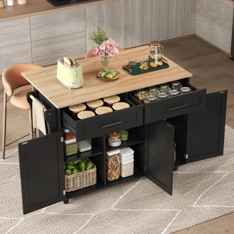Sleek Kitchen Trolley with 2 Drawers and Cabinets, Mobile Kitchen Island with Foldable Tabletop, 129L x 46W x 91.5H cm, Black+Natural