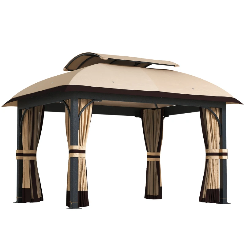 Outsunny Pavilion de grădină, 3,3 x 4 m cort de grădină cu draperii din plasă, acoperiș în două niveluri, acoperire din piele ecologică, cadru metalic, Khaki