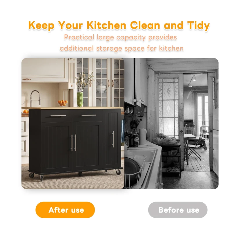 Sleek Kitchen Trolley with Drop Leaf and Pull-Out Organiser, Mobile Kitchen Island with Lockable Castors, 120L x 40W x 90H cm, Black+Natural