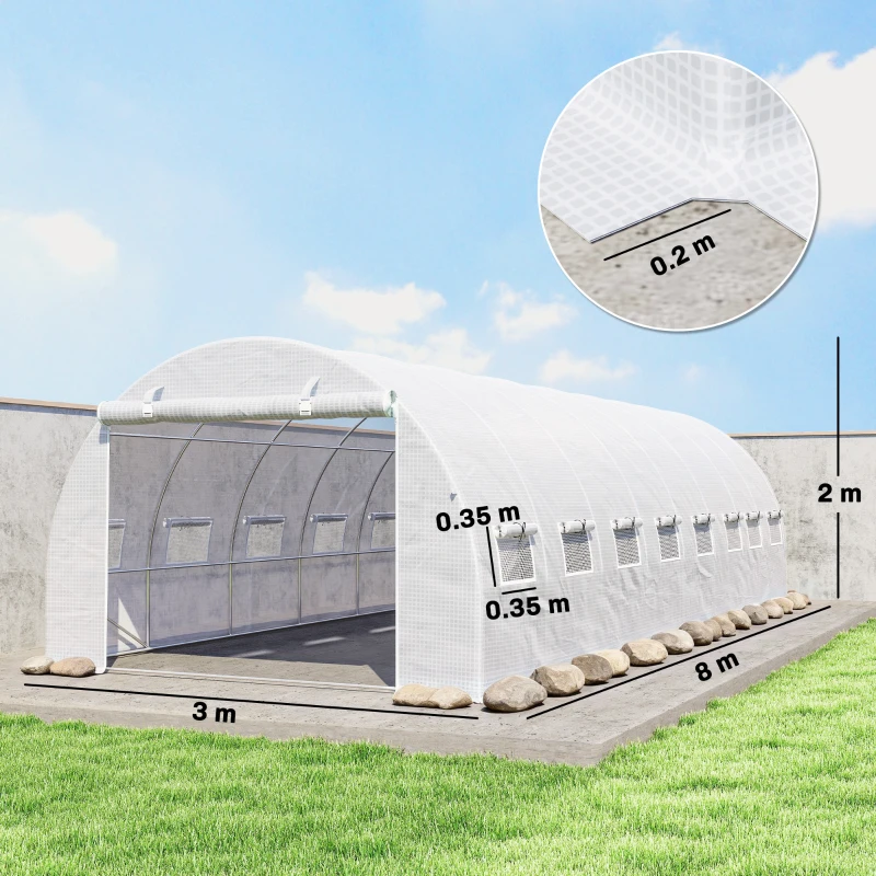 Outsunny Seră tunel de grădină 24 m² 8L x 3l x 2H m - 16 ferestre, ușă rulabilă cu fermoar, oțel galvanizat, prelată PE, Alb