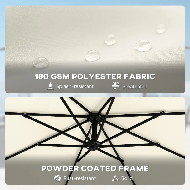 Outsunny 3 m Garden Cantilever Parasol with Cross Base, Sandbag, 360° Rotating Overhanging Banana Umbrella, Cream White