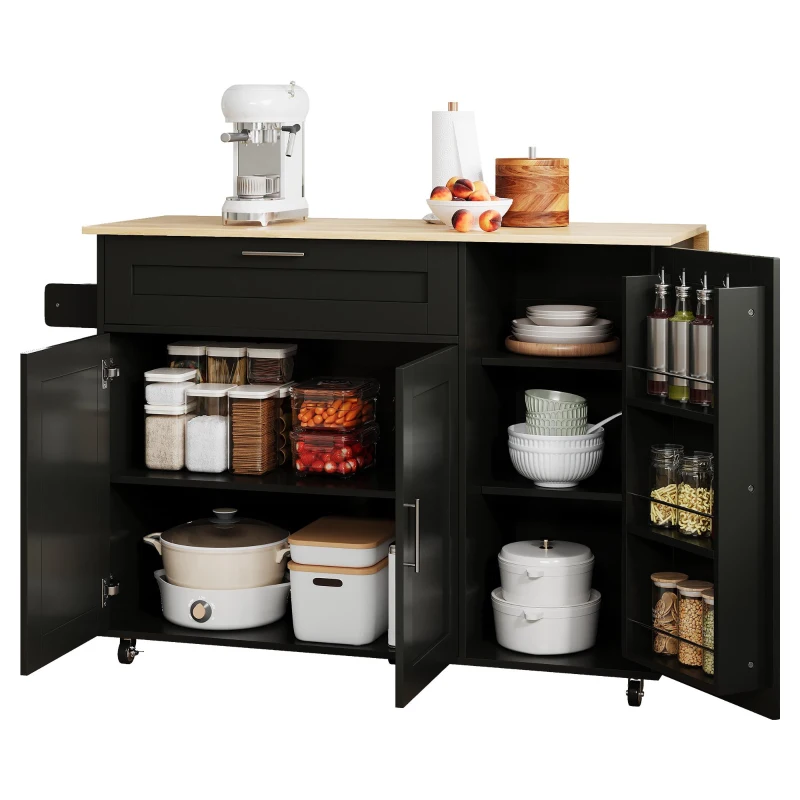 Versatile Kitchen Island with Foldable Worktop and Shelves, Multifunctional Cabinet for Dining Areas, 132.5L x 44W x 90H cm, Black+Natural