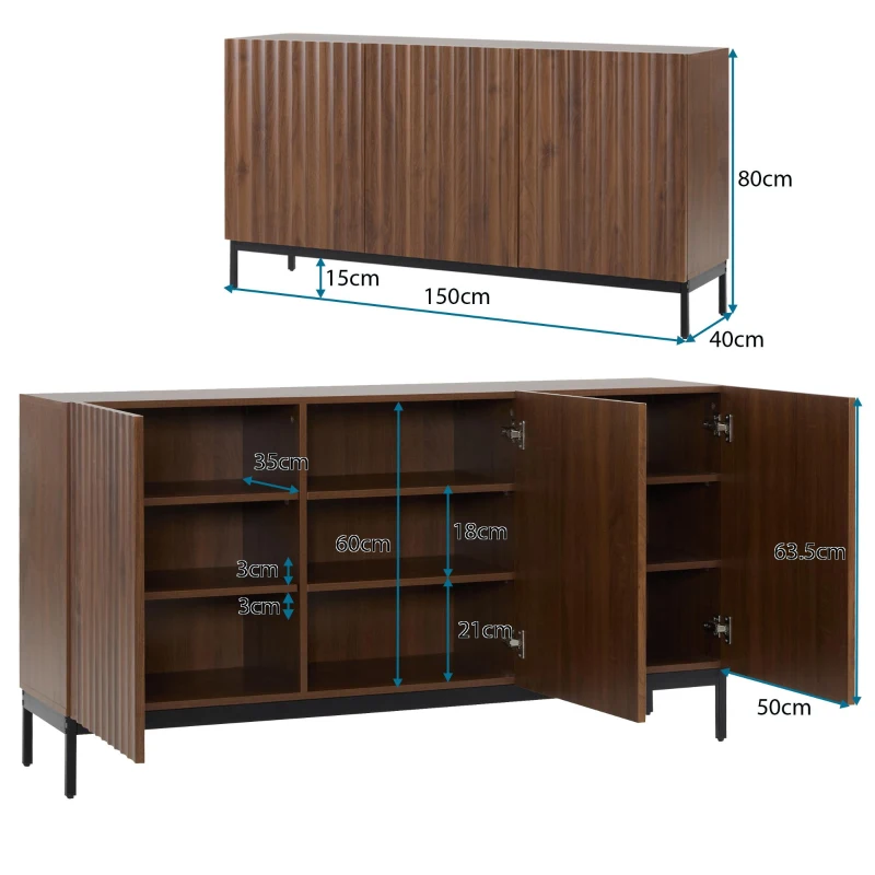 Mid-Century Sideboard with 3D Wave Design and Steel Legs, Versatile Cabinet with 3 Doors, Adjustable Shelves, 150L x 40W x 80H cm, Natural