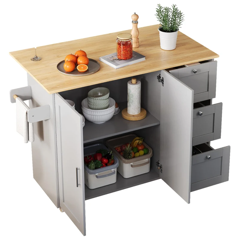 Versatile Kitchen Island with 3 Drawers and 2-Door Cabinet, Space-Saving Rolling Trolley with Foldable Worktop, 135L x 70W x 90H cm, Grey