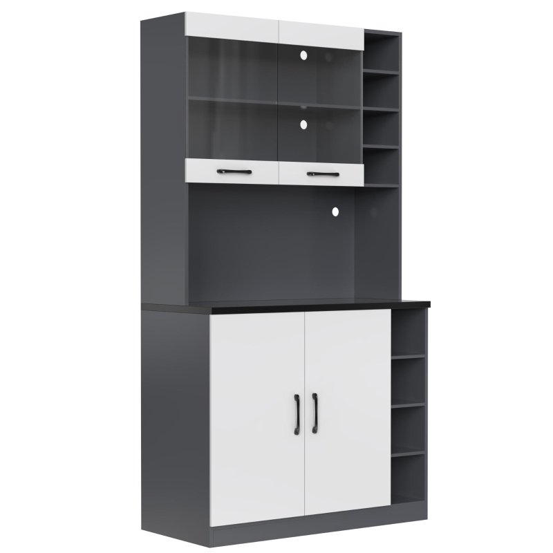 Tall Kitchen Cupboard with LED Lighting and Generous Storage, Freestanding Pantry with Microwave Shelf, 100L x 47W x 187H cm, White+gray